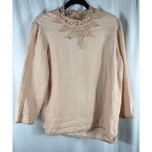 Zara Basic Collection Women's Peach Lace Neckline 100% Linen Long‎ Sleeve Top M